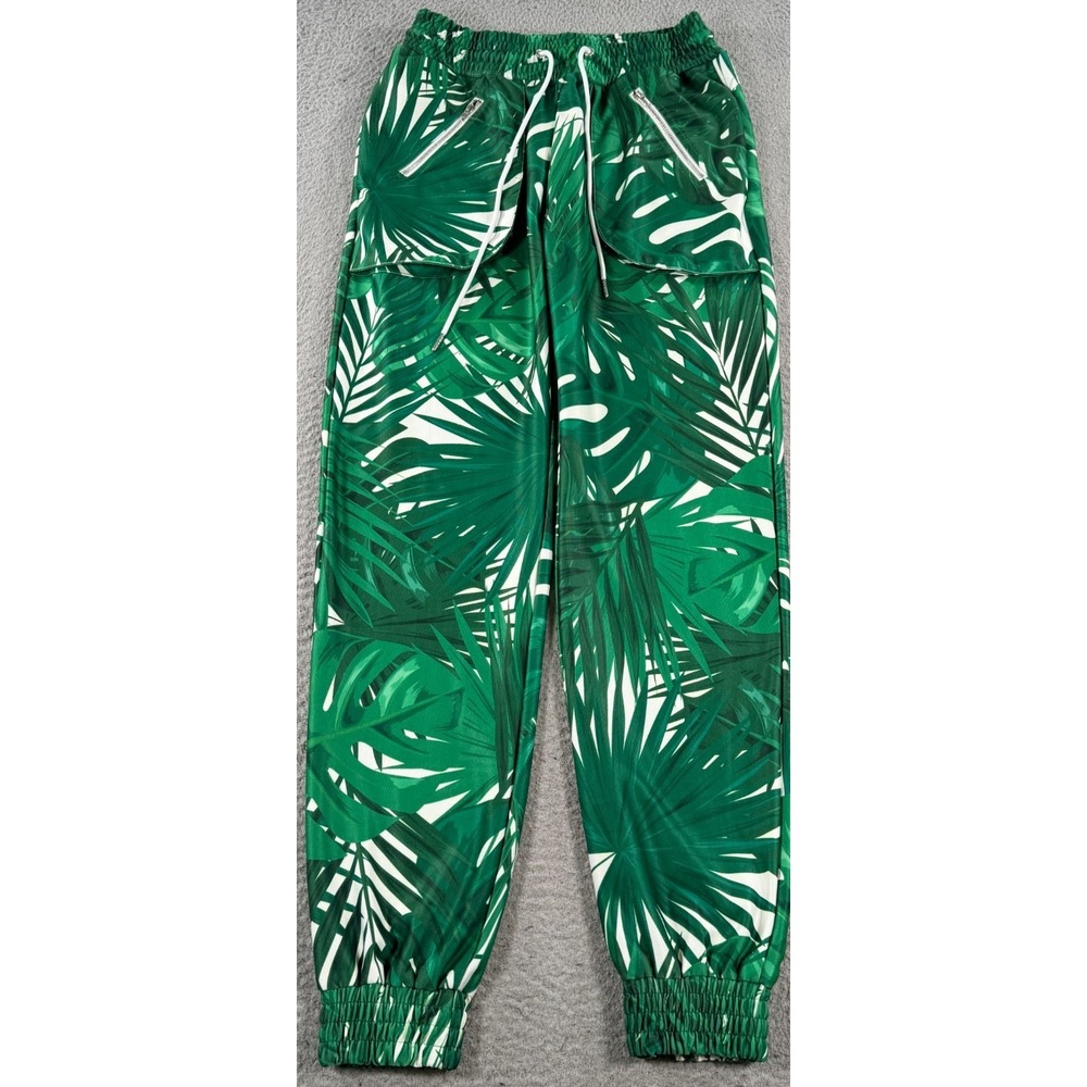 Miss8 Pants Women's Medium Green‎ Jogger Tapered Leaf Print Aloha Beach Stretch